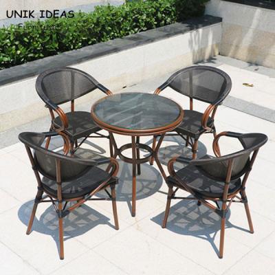 China Woven Black Stackable Outdoor Dining Chairs Mesh Frame Aluminum Restaurant 83cm for sale