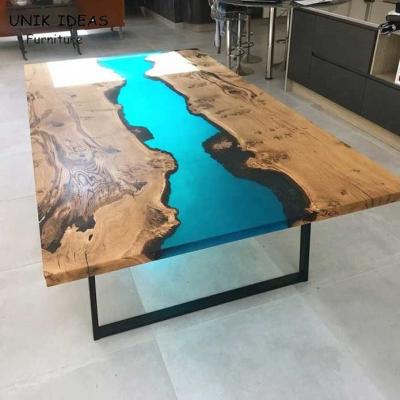 China Epoxy Resin Live Edge River Wood Plank Dining Table Counter Desk Top Home Kitchen Blue for sale