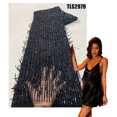 China Sexy black sequined fringed lace fabric vertical stripes hanging sequins Latin dance fringed dress fabric for ceremonial dress for sale