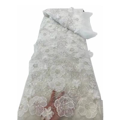 Китай Ткань из европейского вечернего платья высокой моды с бусинами 3D цветок французская вышивка ткань из секинового кружева для свадебного платья продается