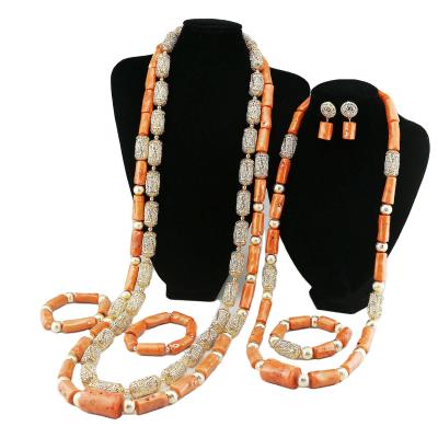 China High Quality Wedding Orange Coral Beads Crown Dubai Necklace Jewelry Beads Indian Bridal Orange Jewellery Set for sale