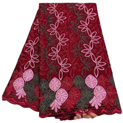 China Exported Africa burgundy cotton lace with stones high quality swiss cotton voile lace voile embroidery for cotton salwar kameez for sale