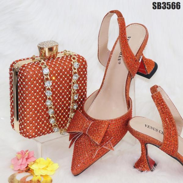 Quality Supoo Orange shiny Italian ladies shoes matching bags with stones african for sale
