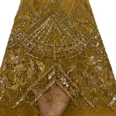 China Supoo  Luxury Beaded Heavy Tulle sequins Lace Fabric Gold Lace Fabric Embroidery for wedding party for sale