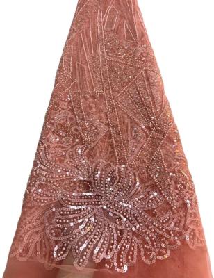 China Beautifical African Lace Sequins Tulle Lace Beaded Fabric with Beads French Lace for sale