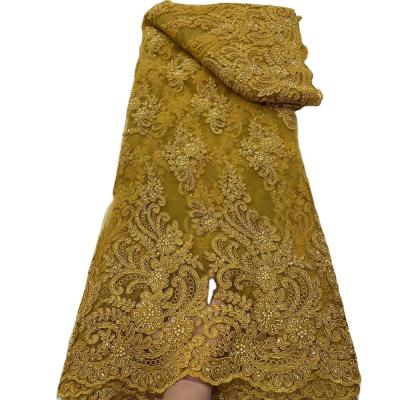 China Gold african stones beaded lace fabric luxury lace for weddings for sale