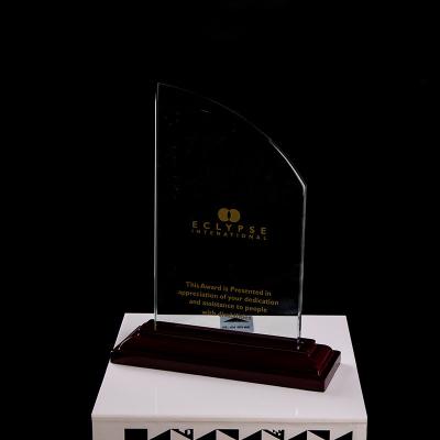 China Customized shape laser engraving logo foil gold silver wooden base trophy for sale