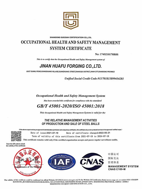 OCCUPATIONAL HEALTH AND SAFTY MANAFENENT STSTERM  CERTIFICATE - Jinan Huafu Forging Joint-Stock Co.,ltd.