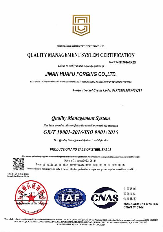 QUALITY MANAGEMENT SYSTEM CERTIFICATE - Jinan Huafu Forging Joint-Stock Co.,ltd.