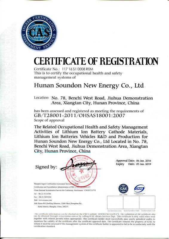 OHSAS18001 - Soundon New Energy Technology Co,.Ltd.