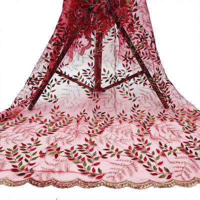 China Mesh Polyester Floral Red Embroidered Tulle Lace Fabric 130cm for sale