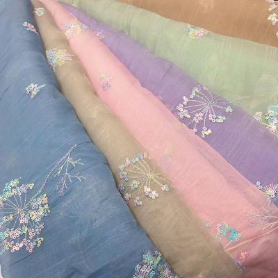 China OEM 130cm Garment Embroidered Sequin Lace Fabric Polyester Chiffon Material for sale