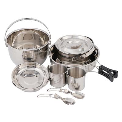 China 10pcs Convenient Takeout Pot Stocked Set Stainless Steel Metal Pot Outdoor Camping Cooking for sale