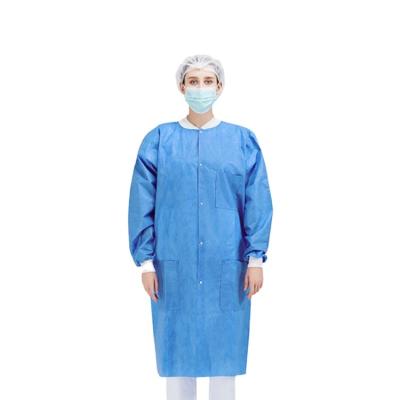 China Material 30gsm to 60gsm SMS Lab Coat with Knitted Collar or Turn Down Collar for sale