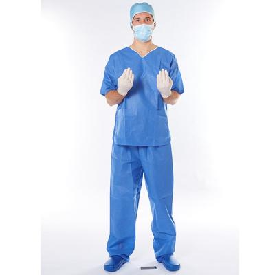 China Hospital V Neck Blue Unisex Uniform Disposable Scrub Suit Set Blue Scrub Suit with Elastic Waist for sale