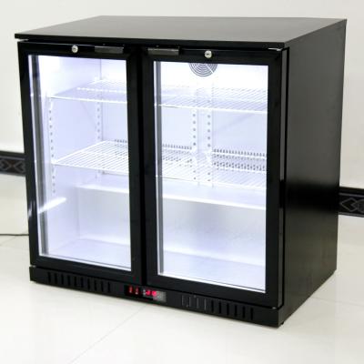 China 208L Fan Cooling Double Glass Door Back Bar Cooler With Black Color for sale