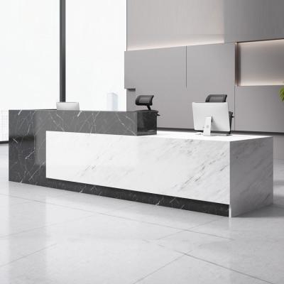 China 94.4 Inch Modern Front Desk White Marbling Wood 25mm Reception Counter Table for sale