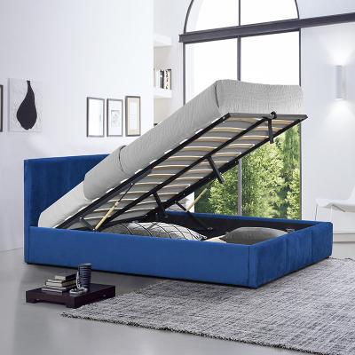 China Blue Velvet Upholstered Gas Lift Storage Bed King Size Plywood Material for sale