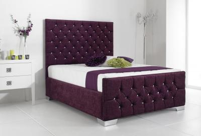China Red Wine Velvet Fabric Bed Frame Double Size Wood High Headboard Bed for sale
