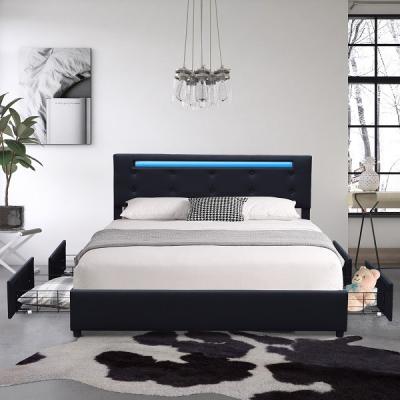 China Queen Upholstered Platform Bed Frame Black Faux Leather Metal Four Drawer With LED Light for sale