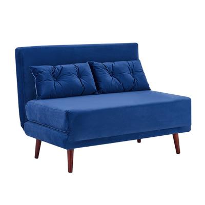 China Tri Foldable Blue Velvet Upholstered Daybed 2 Seater Pull Out Sofa Bed for sale