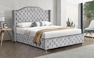 China Customized Silver Grey Upholstered Bed Velvet Fabric Button Tufted High Headboard for sale
