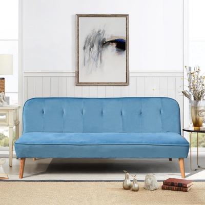 China Blue Velvet 3 Seater Sofa Bed Foldable Sofa Bed met Houten Voeten Te koop