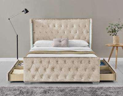China LED Fabric Queen Size Upholstered Platform Bed Frame With 4 Drawers for sale