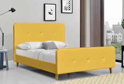 China Linen Fabric Upholstered Double Bed Frame Yellow Plywood for sale