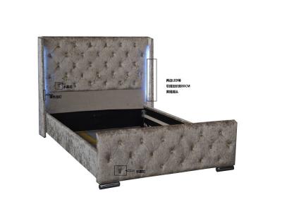 China Upholstered Crushed Velvet Double Bed Fabric Platform Bed With LED High Headboard EN1725 for sale