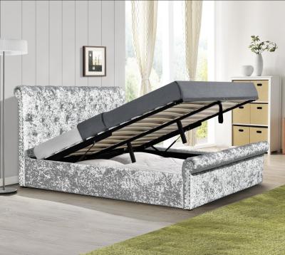 China Crush Velvet  Gas Lift Storage Bed OEM Silver Upholstered Double Bed Frame for sale