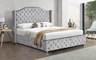 China Metal Leg Gas Lift Queen Bed Frame Tufted Headboard Footboard Velvet for sale