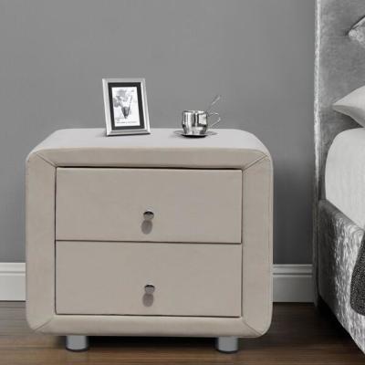 China Velvet Fabric 2 Drawer Bedside Tables Plush Upholstered Nightstand Beige With Chrome Handles for sale