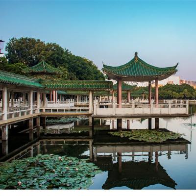 Chine Pavillon quadrilatéral vitré vert de belvédère de tuile de toit avec le couloir pour le refroidissement et le visionnement de paysage à vendre