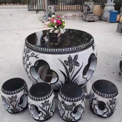 中国 Black Sculpture Chinese Style Marble Bench For Garden Decoration 販売のため
