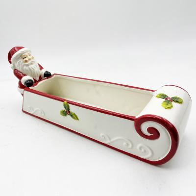 China Hand Painted Ceramic Cookie Holder Santa Snowman Candy Bowl Festive Home Decoration for sale