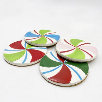 中国 Ceramic Tile Craft Drink Coaster Glaze Candy Pattern Printed Cup Insulation Pad 販売のため