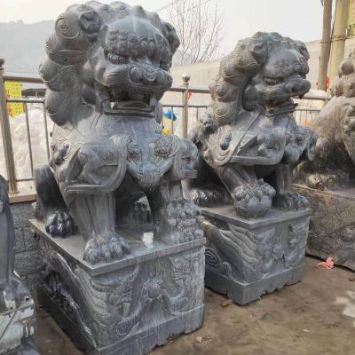 China 12cm Chinese Stone Lion Statues Grey Chinese Animal Statues Outdoor Gate Decoration for sale