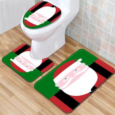 China Santa Christmas Toilet Seat Cushion Polyester 3 Piece Bath Rug Set for sale