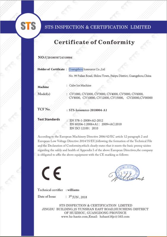 Cube ice machine Certification Certificate - Guangzhou Icesource Refrigeration Equipment Co., LTD