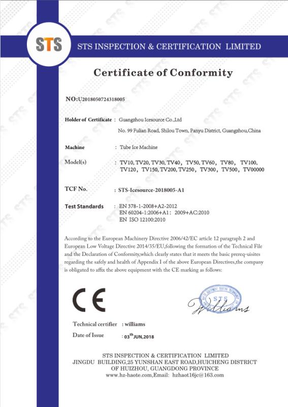 Tube ice machine Certification Certificate - Guangzhou Icesource Refrigeration Equipment Co., LTD