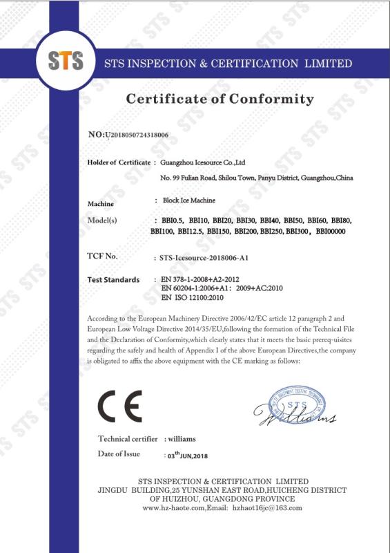 Block ice machine Certification Certificate - Guangzhou Icesource Refrigeration Equipment Co., LTD