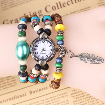 China Analog Womens Leather Bracelet Watch / Wood Buddha Bead Bracelet Watch for sale