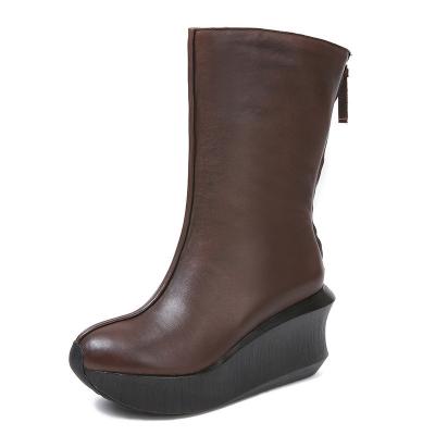 China S030 Women's boots round toe thick-soled cowhide mid-tube simple women's wedge heel zipper leather Martin boots for sale