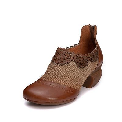 China S071 2020 autumn women's shoes single shoes retro handmade hollow carved leather wedge stitching zipper women's shoes for sale