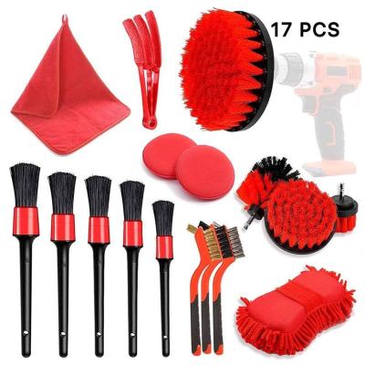 China 17pcs Red Drill Soft Brushes Set Car Detailing Brush For Auto Wheel Tire Washing for sale