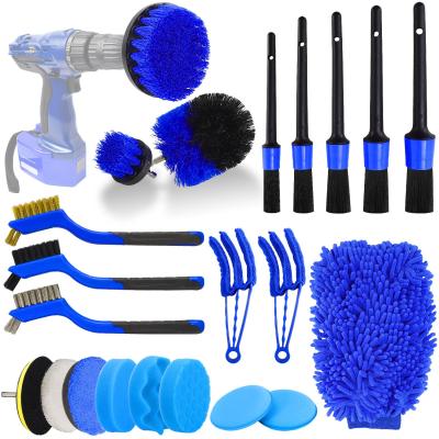 China 22 Pcs Car Detailing Kit Brushes Set Interior Cleaning With Auto Drill Soft Brush Attachment Sponge Polishing Pads for sale