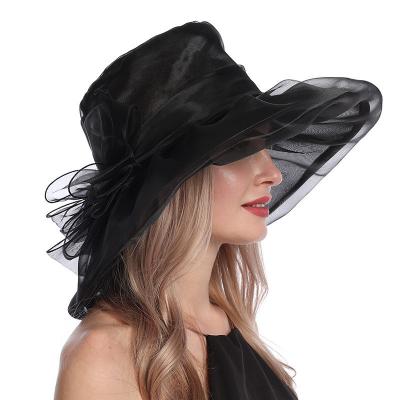 China Elegant Party Wedding Organza Flower Fashion Sunbonnet Luxury Hat Gauze Bonnet Folding Hats For Women for sale