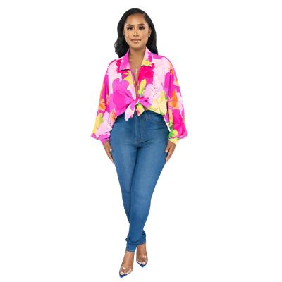 Chine Batwing Sleeve Asymmetric Floral Print Shirt Full Sleeved Loose Bow Chiffon Top Blouse Elegant Fashionable Women's Clothing à vendre