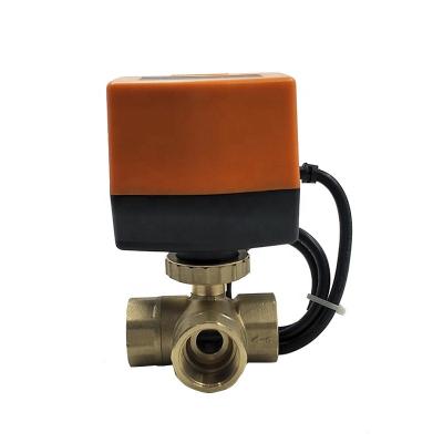 China AC 230V DN20 3/4'' 3 Way Flow Control Valves 3-Point Control Brass Motorized Ball Valve for HVAC Water treatment for sale